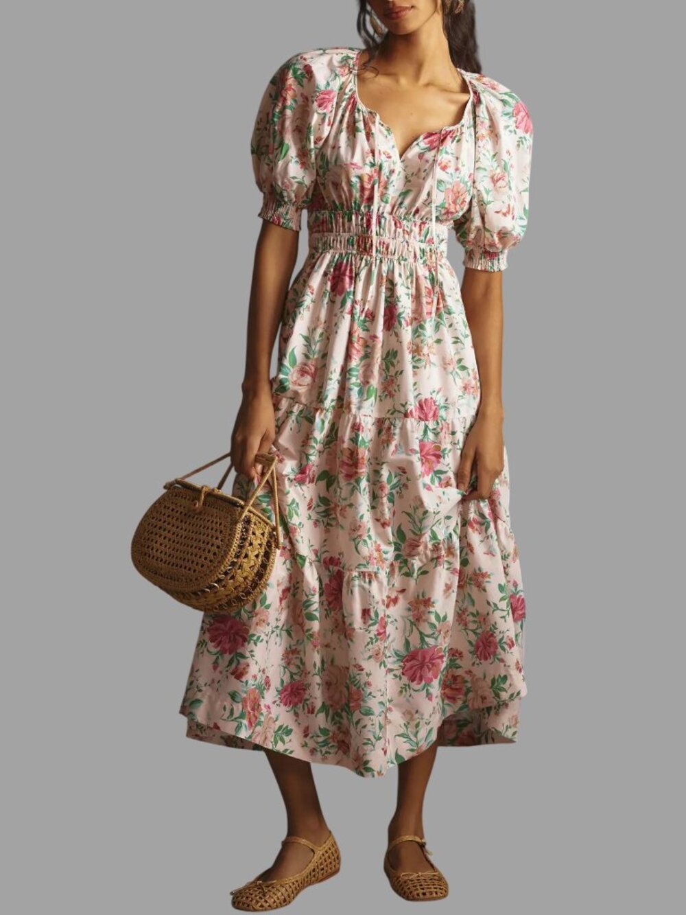 Anthropologie Somerset Puff Sleeve Maxi Dress Floral Neutral Small